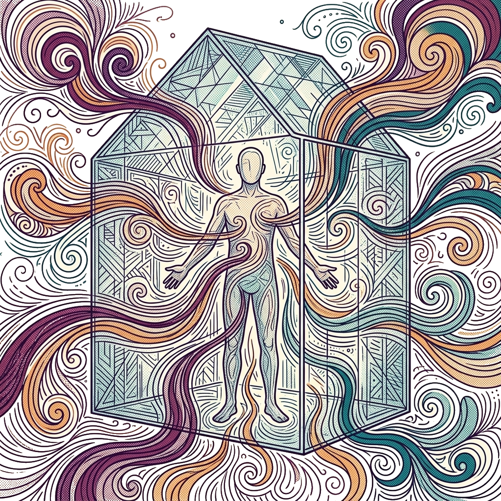 Gapingvoid illustration: a figure inside a glass house with arms open, surrounded by flowing emotions passing through the transparent walls